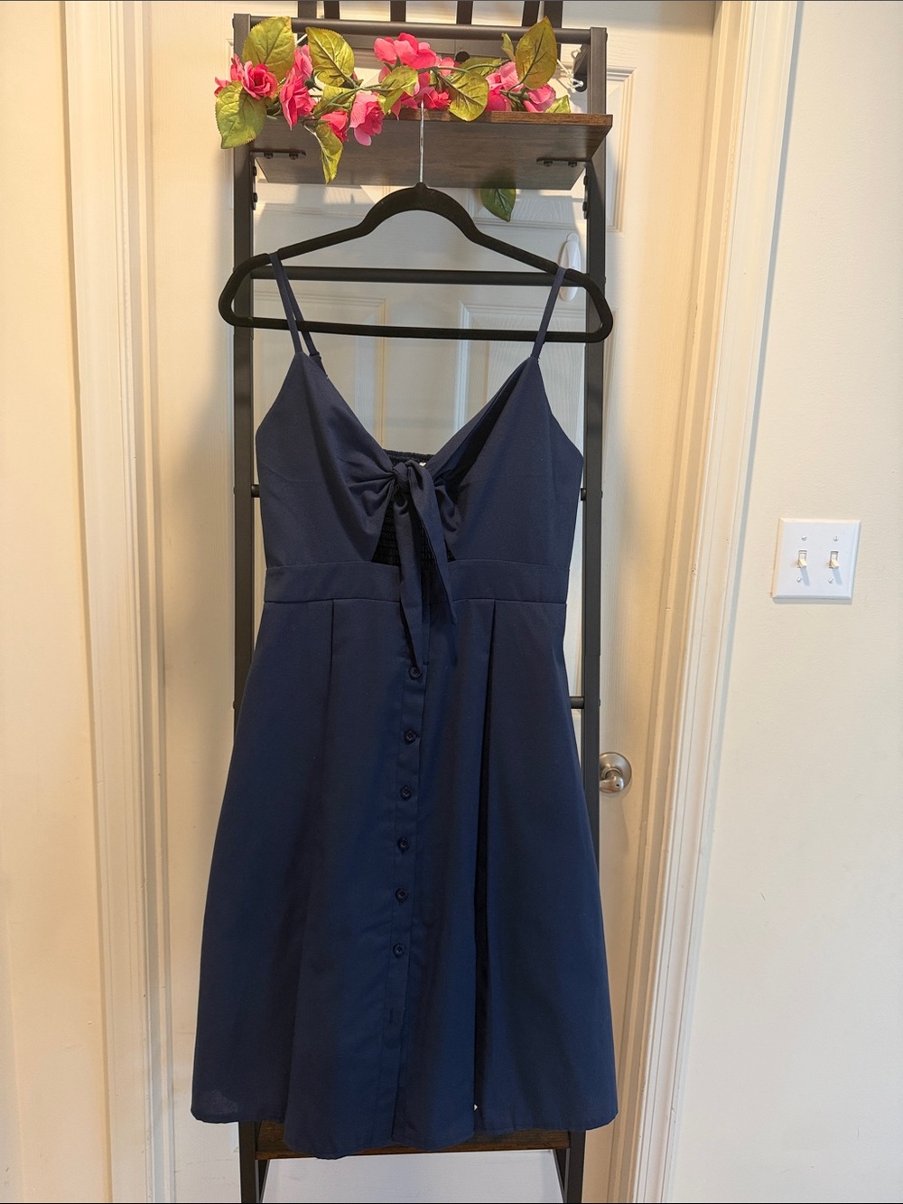 Ecowish Navy Cut-Out Tie-Front Midi Pleated A-Line Dress with Spaghetti Straps